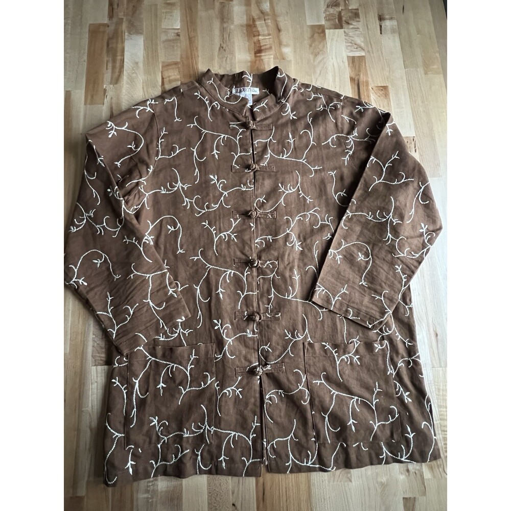Womens Jacket Mandarin Collar Frog Button Embroidery Linen Cotton Blend Brown 2X